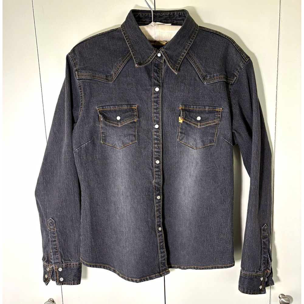 Vtg 90s Desert Diva Sherry Holt Womens M Black Denim Western Pearl Snap Shirt